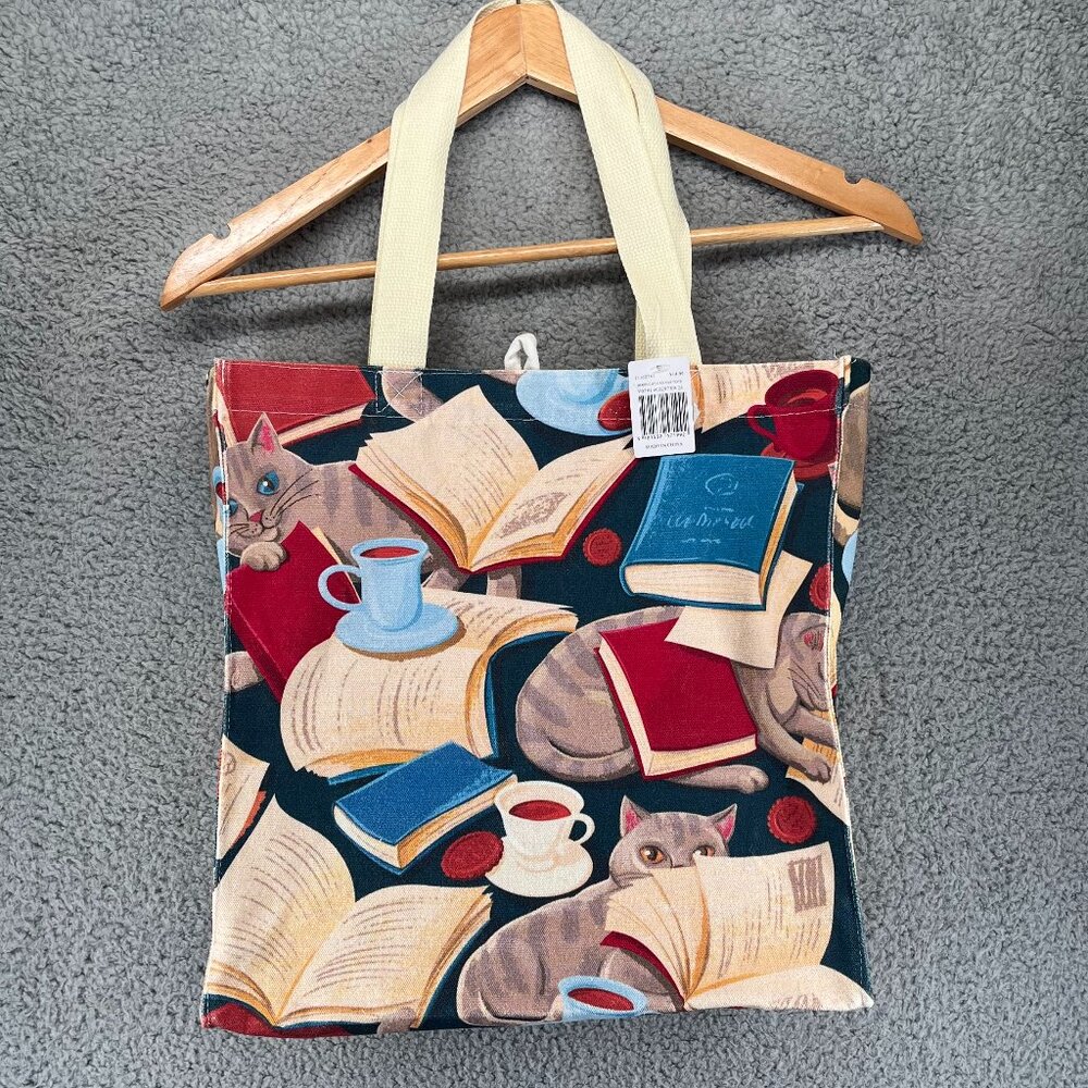 Cute Cats, Books, and Coffee Canvas Tote Bag NWT